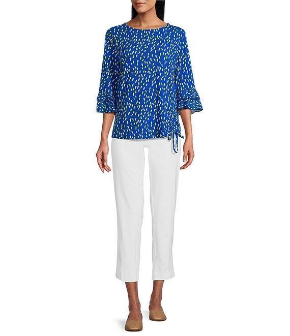 Multiples Slub Knit Georgette Dot Print Boat Neck 3/4 Sleeve Fitted Ruched Side Drawstring Top Product Image