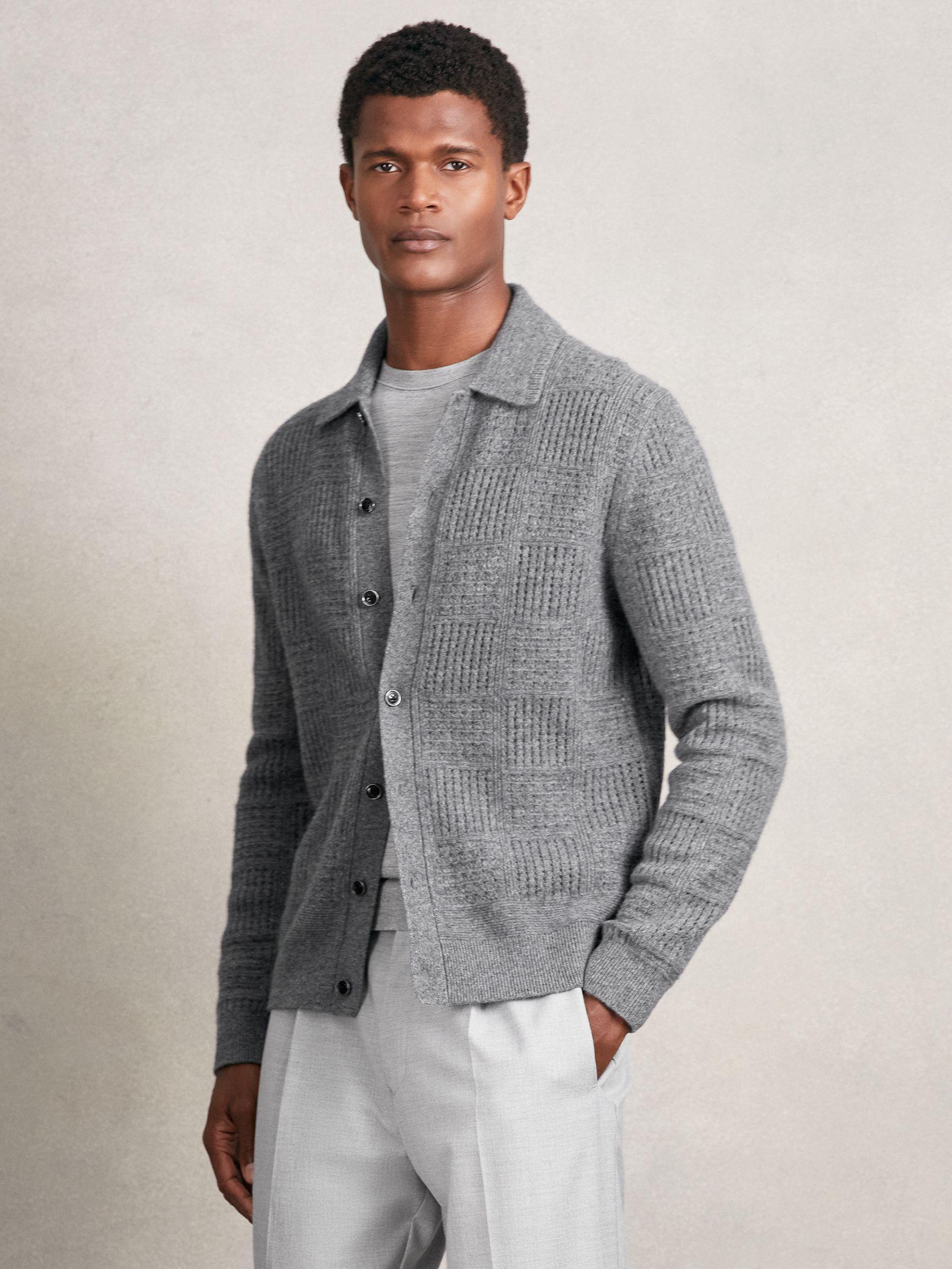 Wool Button Through Collared Cardigan in Mid Grey Product Image