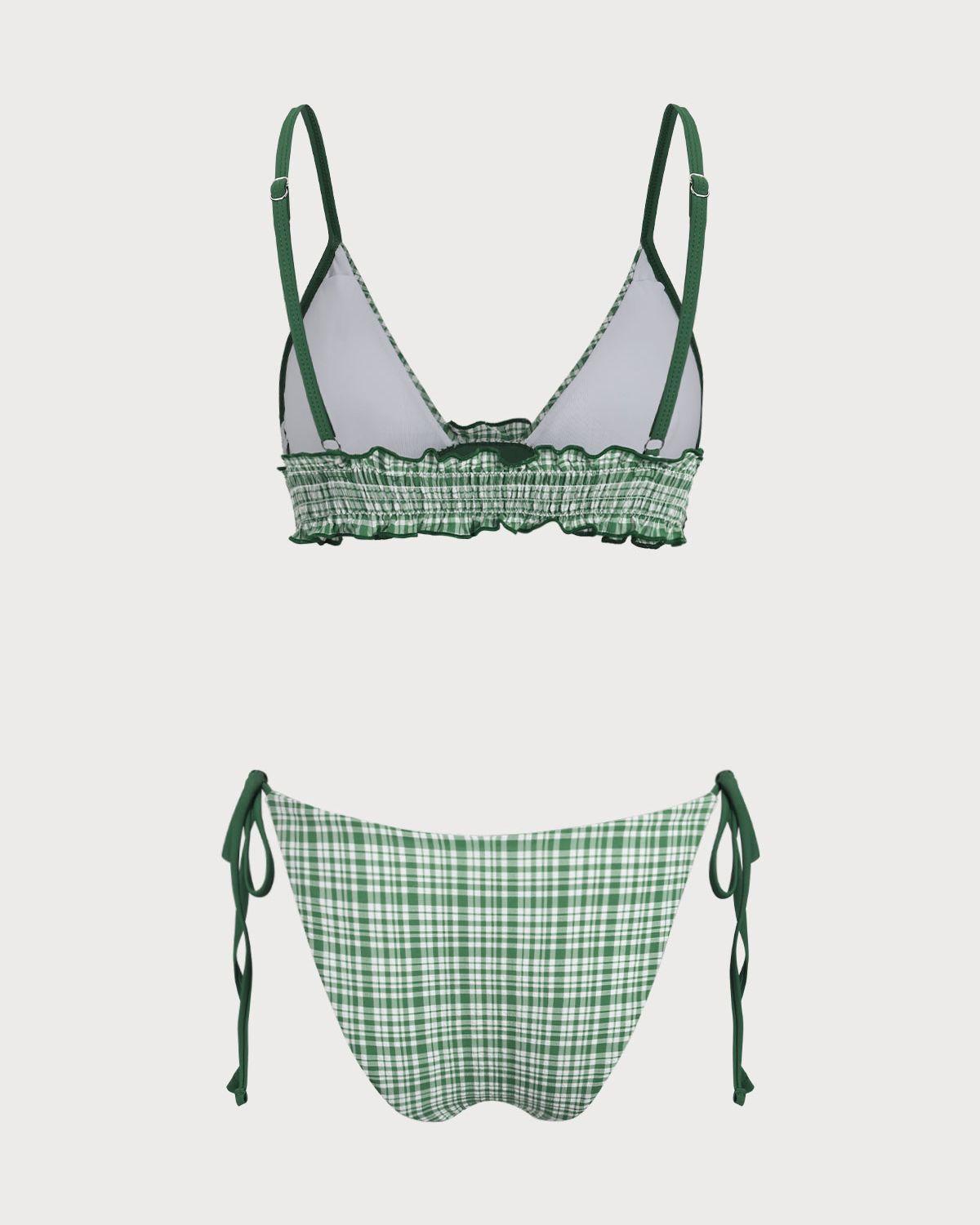 Green Contrast Plaid Wrinkled Bikini Set Product Image