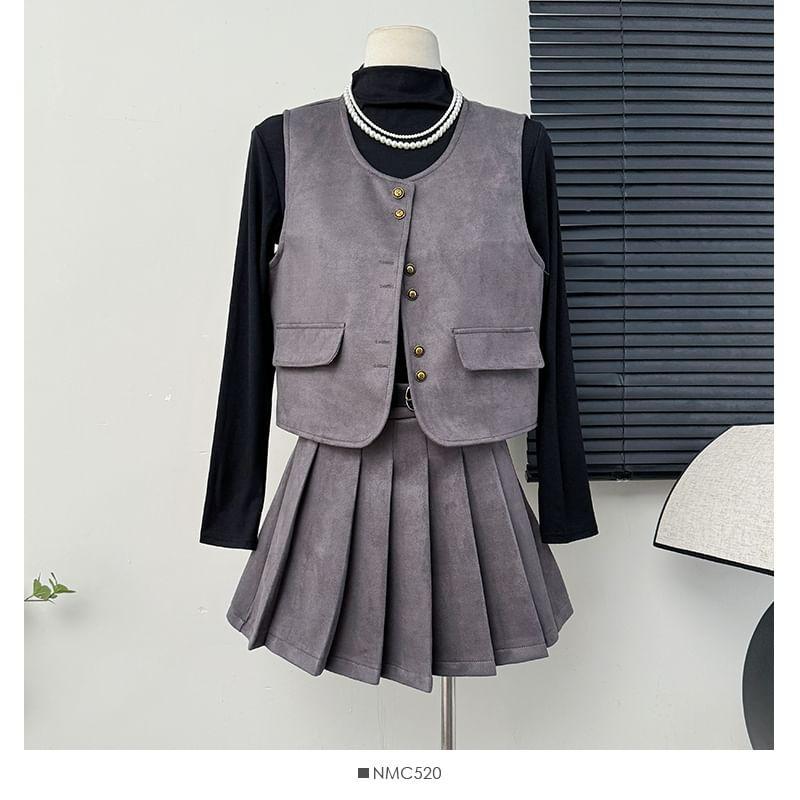 Set: Faux-Suede Vest + Pleated Mini Skirt + High-Neck T-Shirt with Belt Product Image