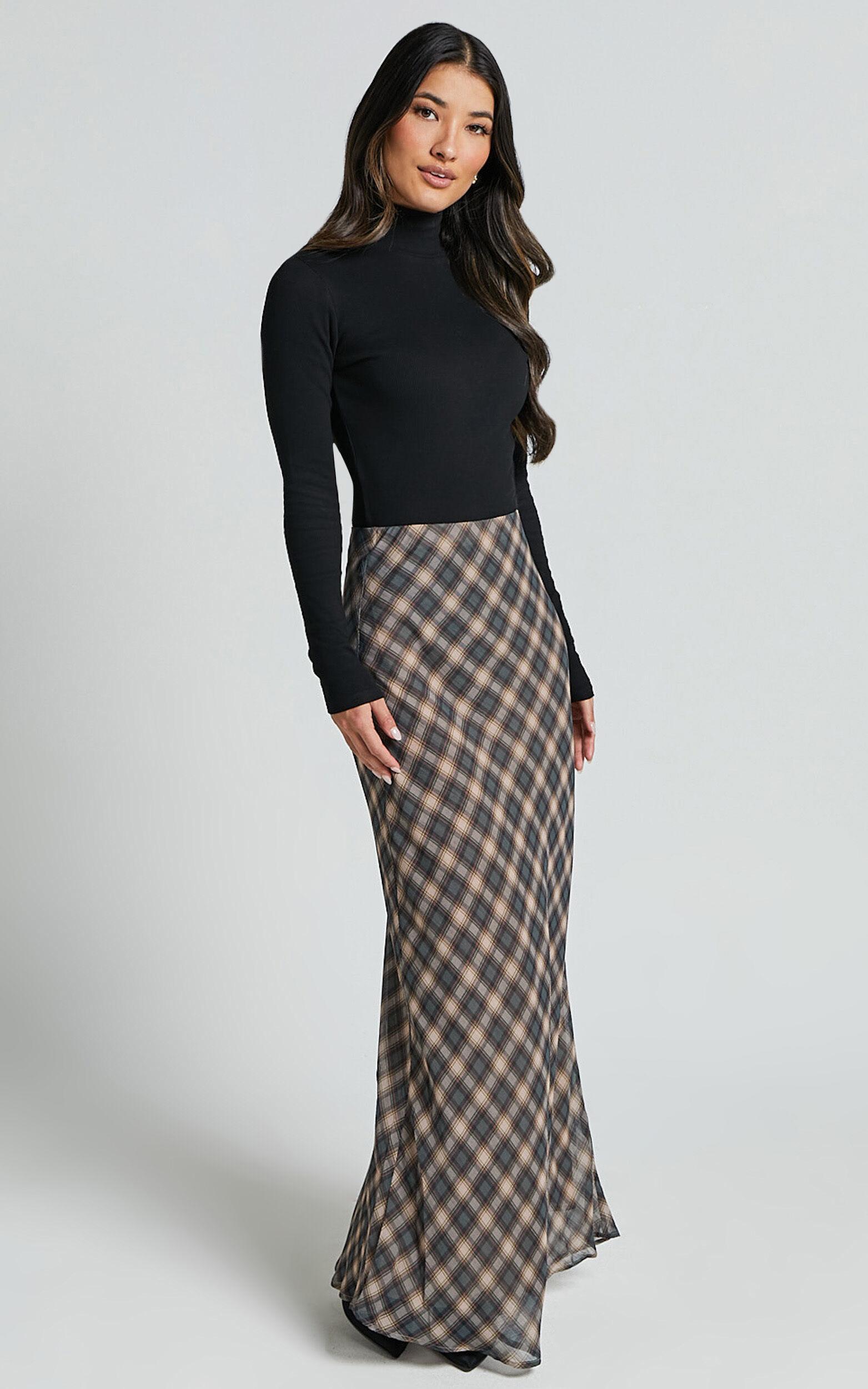 Mandy Maxi Skirt - High Waist Slip Skirt in Multi Check Product Image