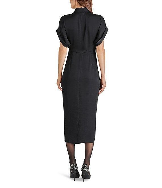 Steve Madden Tori Satin Point Collar Short Kimono Cuff Sleeve Belted Ruched Front Asymmetrical Hem Midi Shirt Dress Product Image