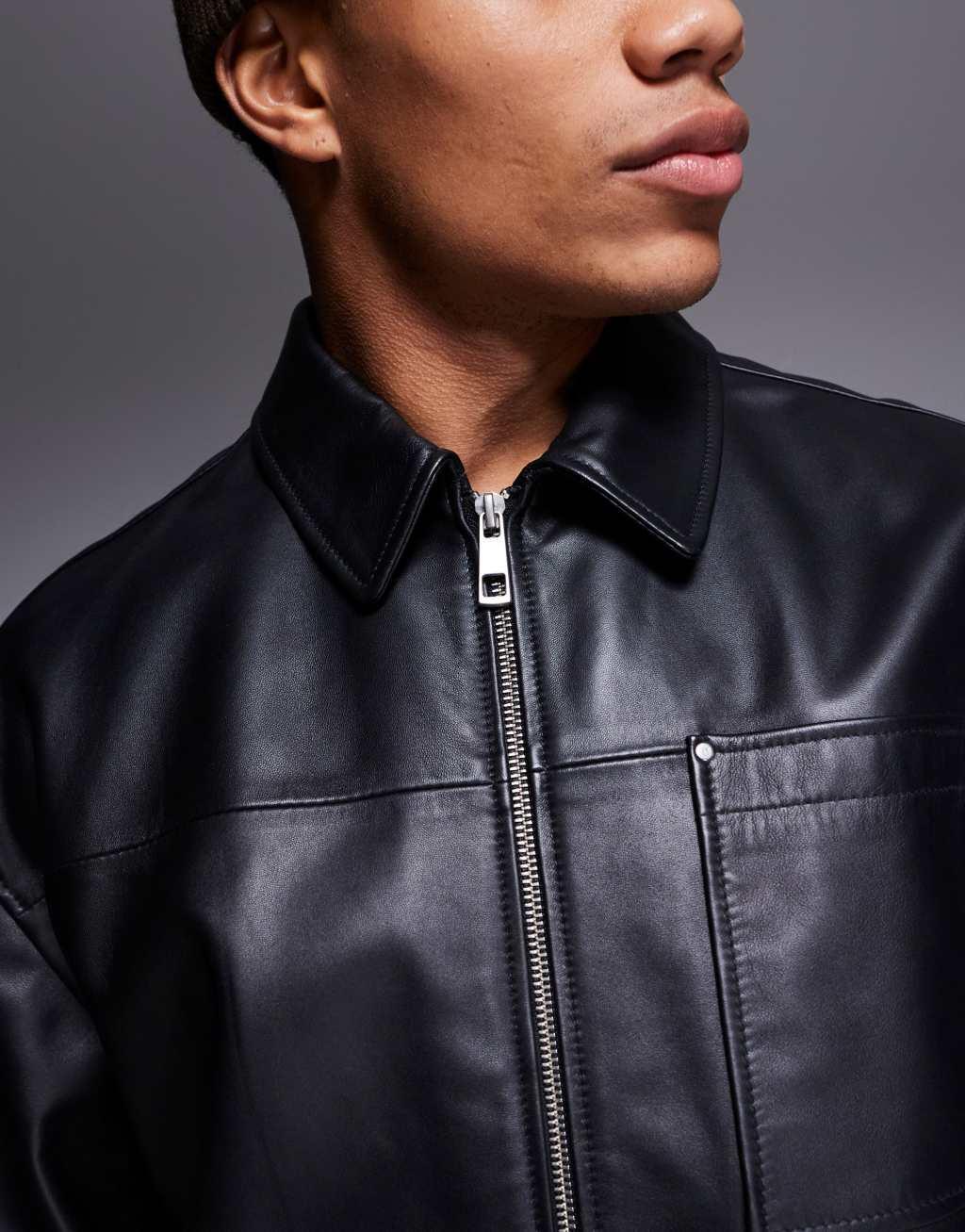 ASOS DESIGN premium real leather oversized harrington jacket in black Product Image