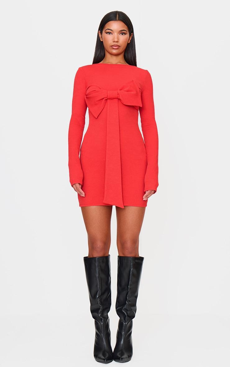 Red Long Sleeve Bow Detail Mini Dress Product Image