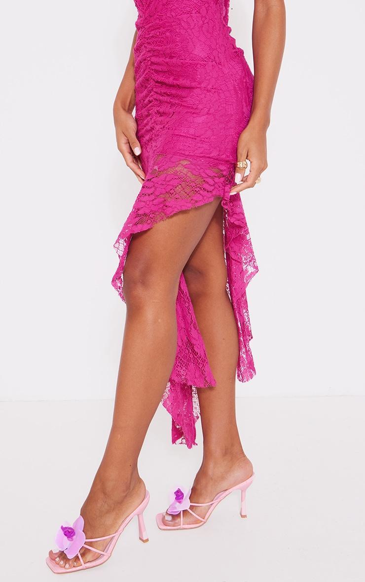 Magenta Lace Plunge Neck Ruched Asymmetric Hem Midi Dress Product Image