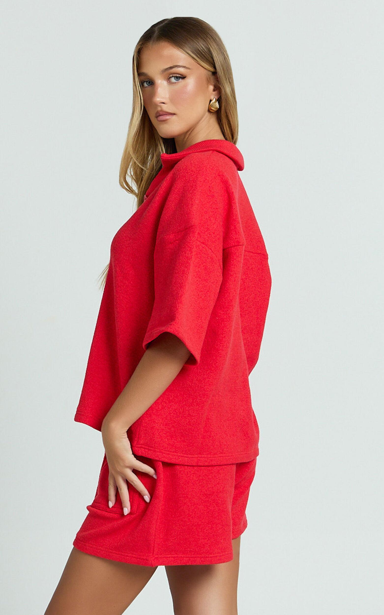 Kahlani Two Piece Set - Collared Short Sleeve and High Waisted Shorts in Red Product Image