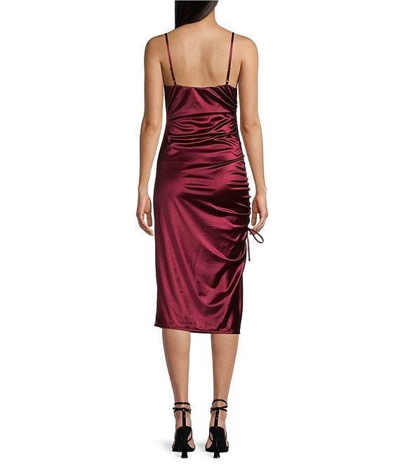 B. Darlin Satin Cowl Neck Drawstring Side Slit Midi Dress Product Image