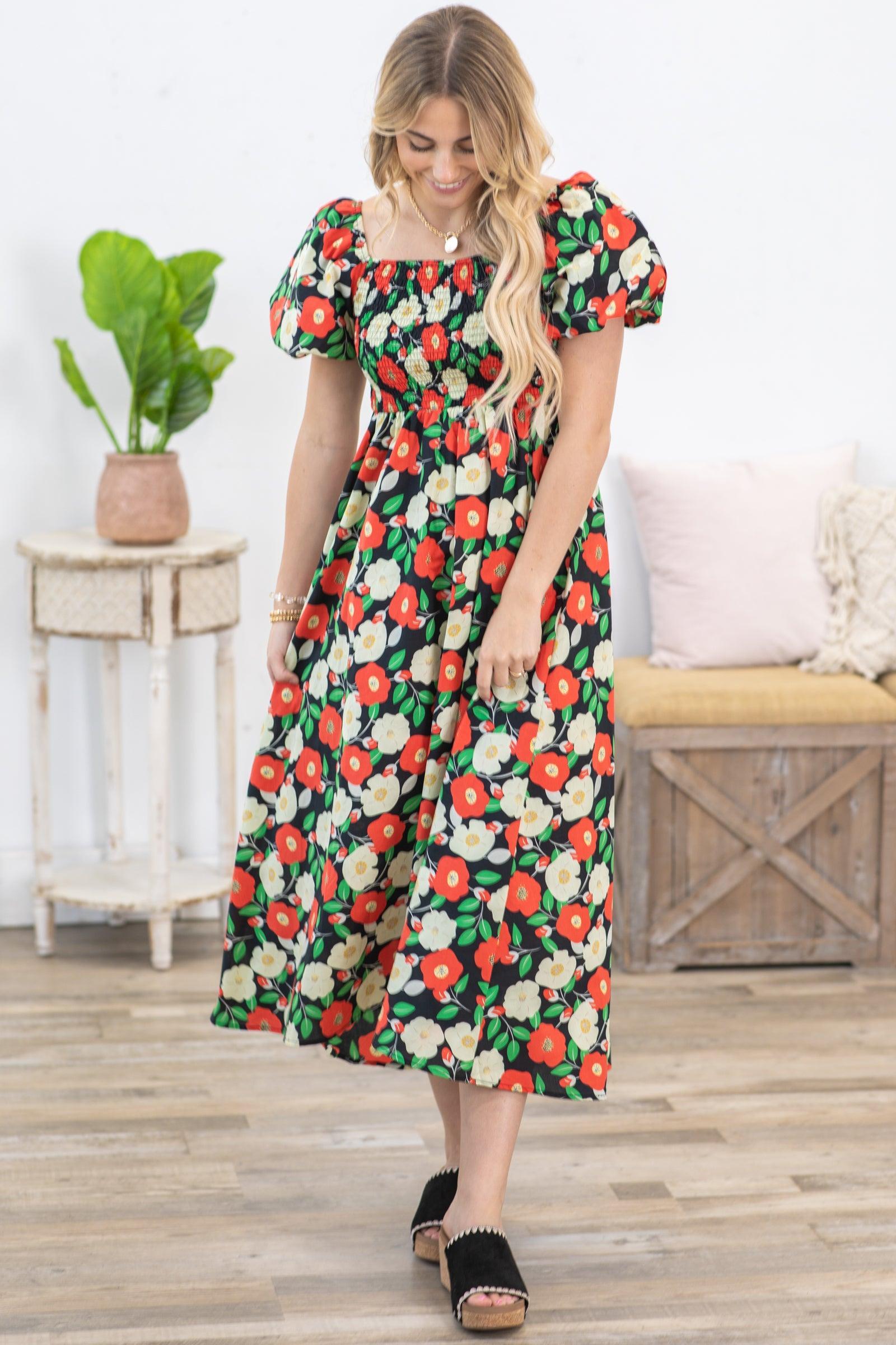 Black Floral Puff Short Sleeves Midi Dress Product Image