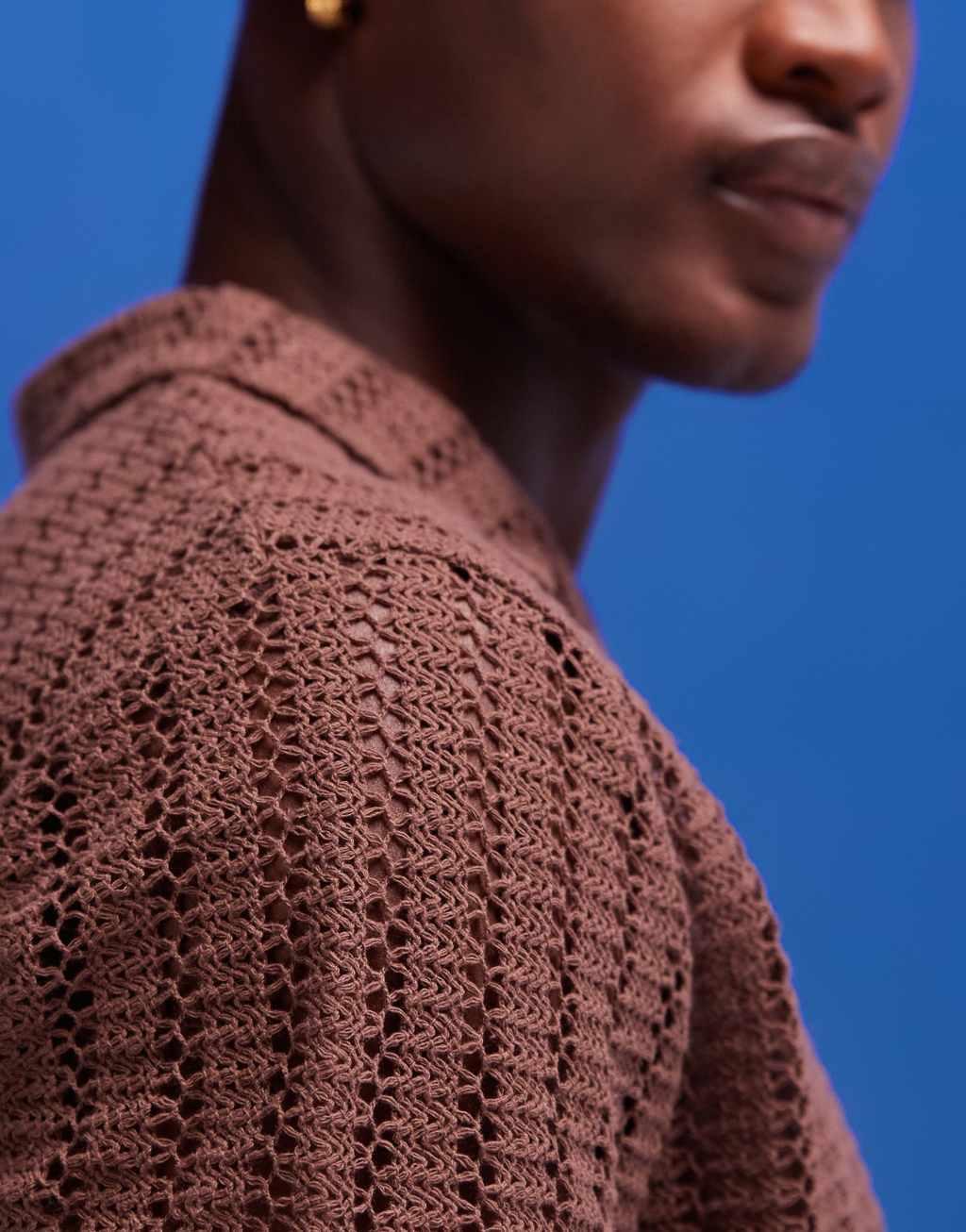 ASOS DESIGN polo shirt in brown crochet fabric Product Image