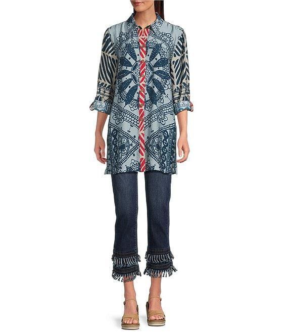 John Mark Medallion Abstract Print Point Collar Long Roll-Tab Sleeve Button Front Tunic Product Image