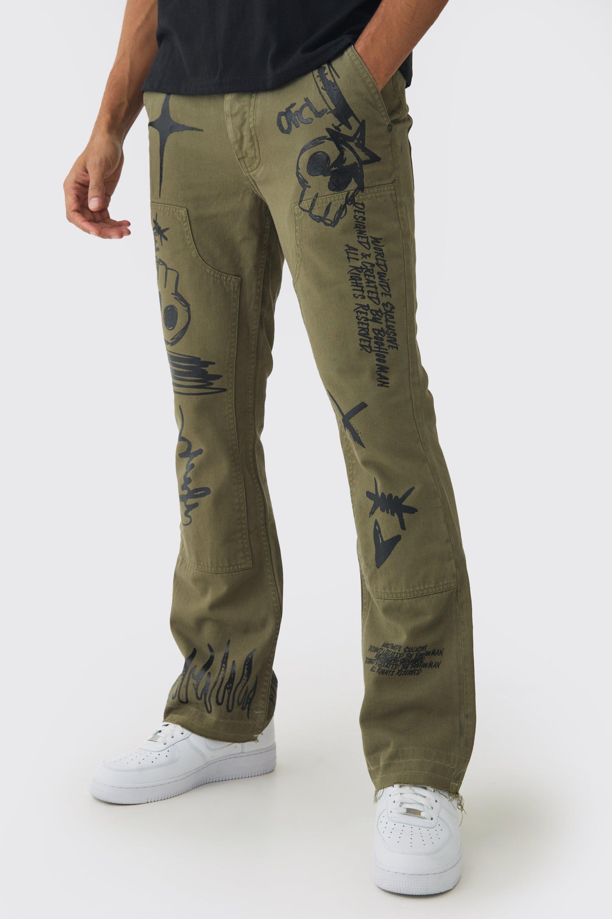 Fixed Waist Slim Flare Twill Laser Printed Carpenter Pants | boohooMAN USA Product Image