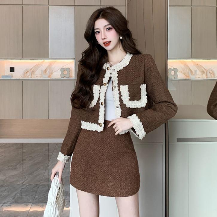 Set: Lace Trim Button-Up Jacket + High Rise Tweed Mini A-Line Skirt Product Image