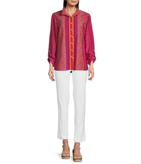 Ali Miles Woven Printed Wire Neck 3/4 Roll-Tab Sleeve Button Front Tunic Product Image
