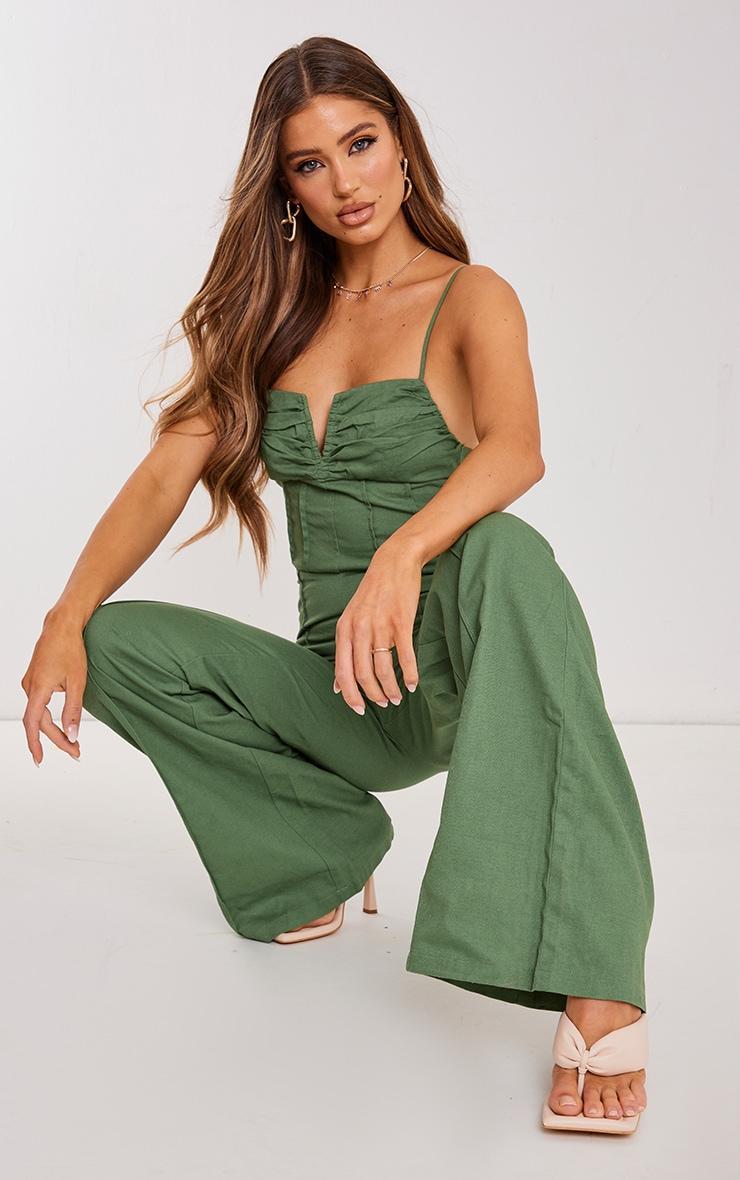 Khaki Woven V Bar Corset Detail Wide Leg Jumpsuit Product Image