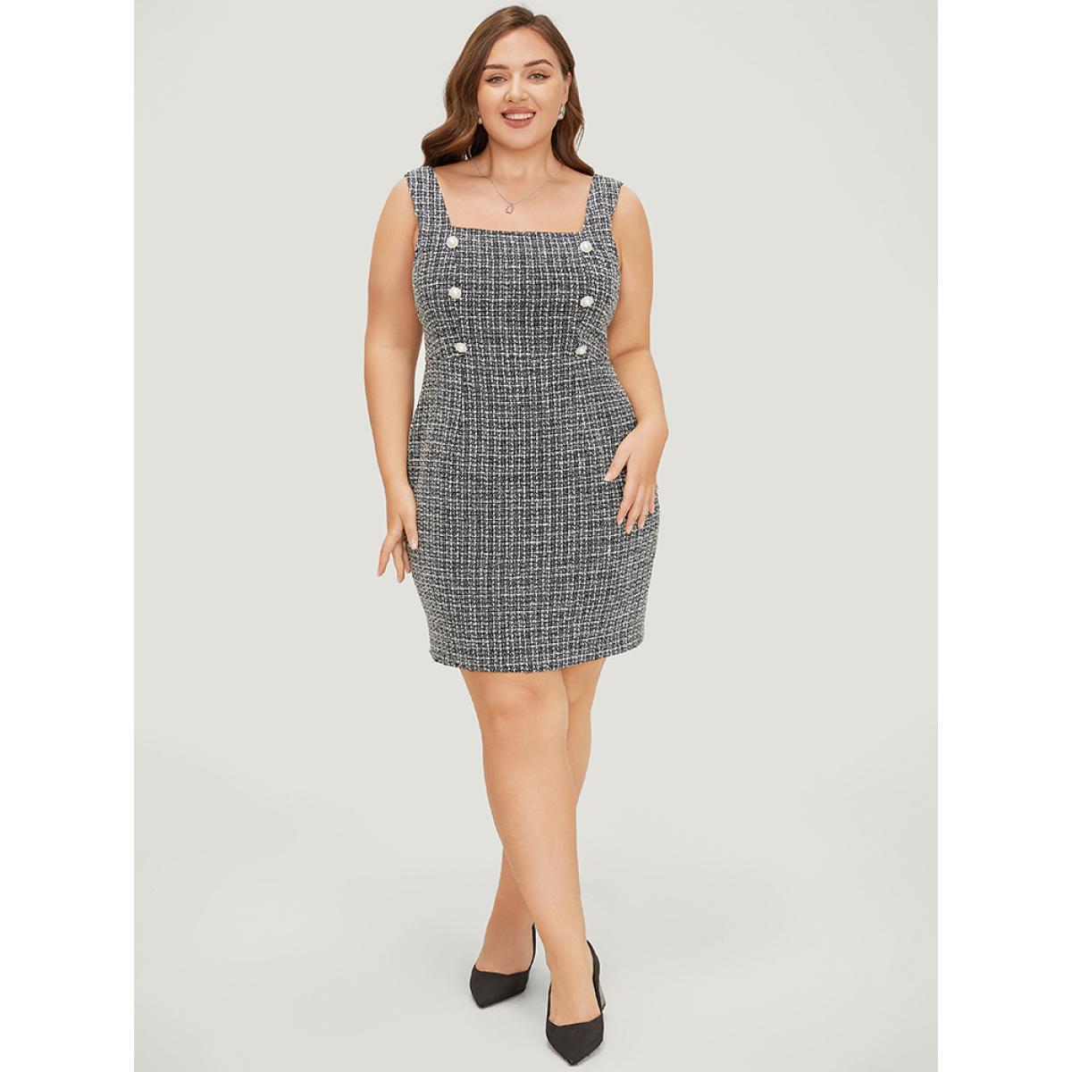 Plus Size Plaid Tweed Zipper Pearl Beaded Tank Dress Black Women Office Zipper Square Neck Sleeveless Curvy Short Dress BloomChic 22-24/3X Product Image