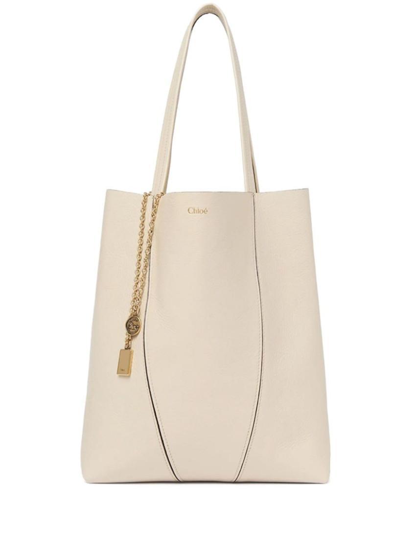 CHLOÉ Spin Medium Tote Bag In Leather In Beige Product Image