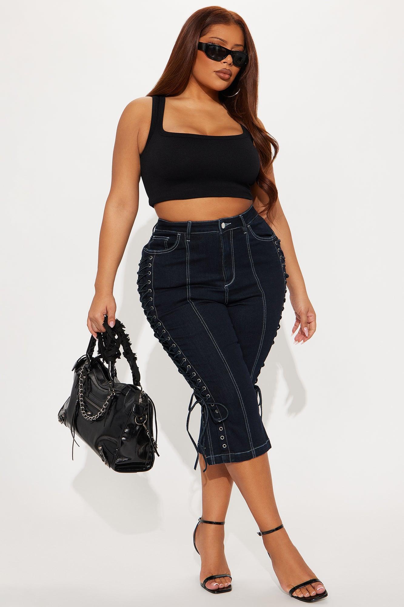 Laced Up Capri Kick Flare Jeans - Dark Wash Female Product Image