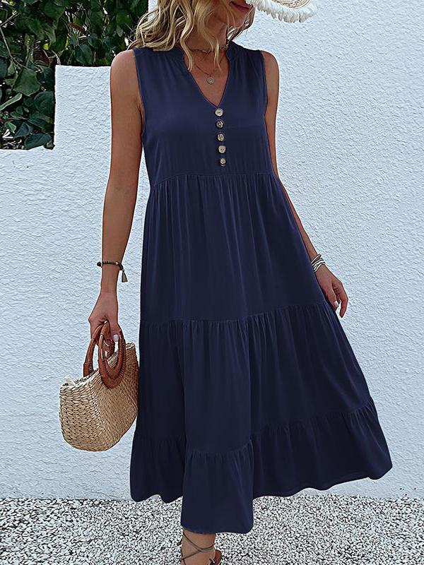 Loose Sleeveless Pleated Split-Joint V-Neck Midi Dresses Product Image
