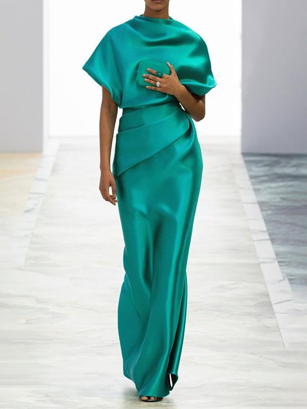 Loose Short Sleeves Pleated Solid Color Maxi Dresses Product Image