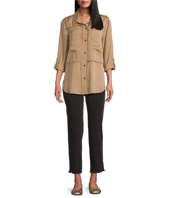 Multiples Lyocell Twill Point Collar Long Roll-Tab Sleeve Button-Front Fringed Shirt Product Image
