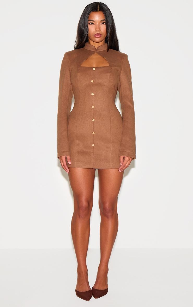 Deep Taupe Brushed Woven Long Sleeve Button Detail Mini Dress Product Image