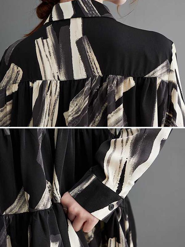 Long Sleeves Loose Pleated Printed Split-Joint Lapel Blouses Product Image