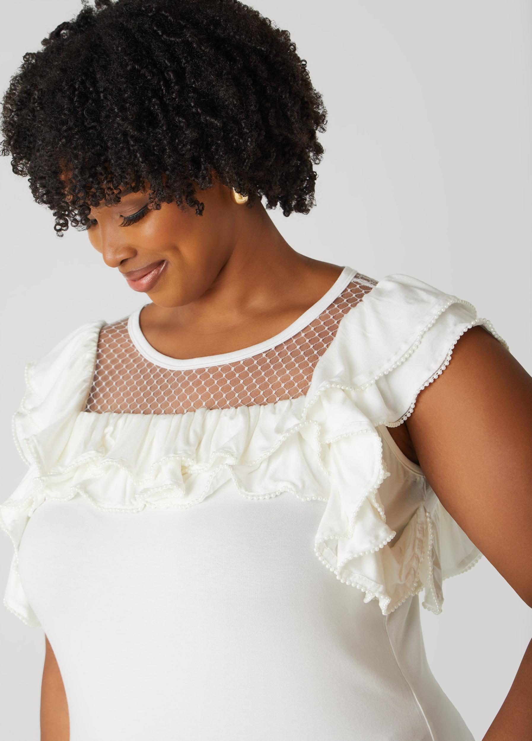 Plus Size Faux Pearl Mesh Paneled Top Ashley Stewart Product Image