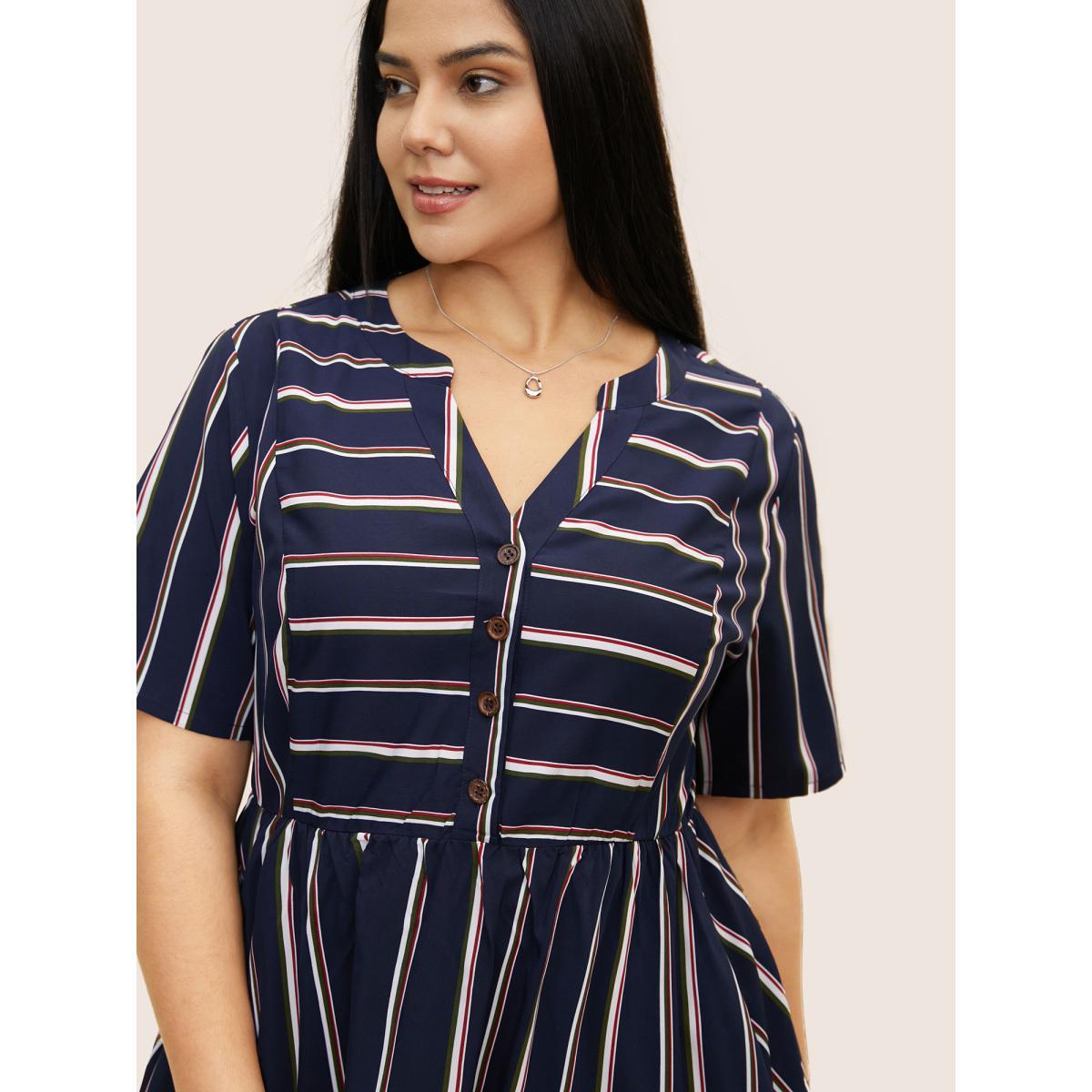 Plus Size Notched Collar Striped Elastic Waist Midi Dress DarkBlue Women At the Office Button Notched collar Short sleeve Curvy BloomChic 10/M Product Image