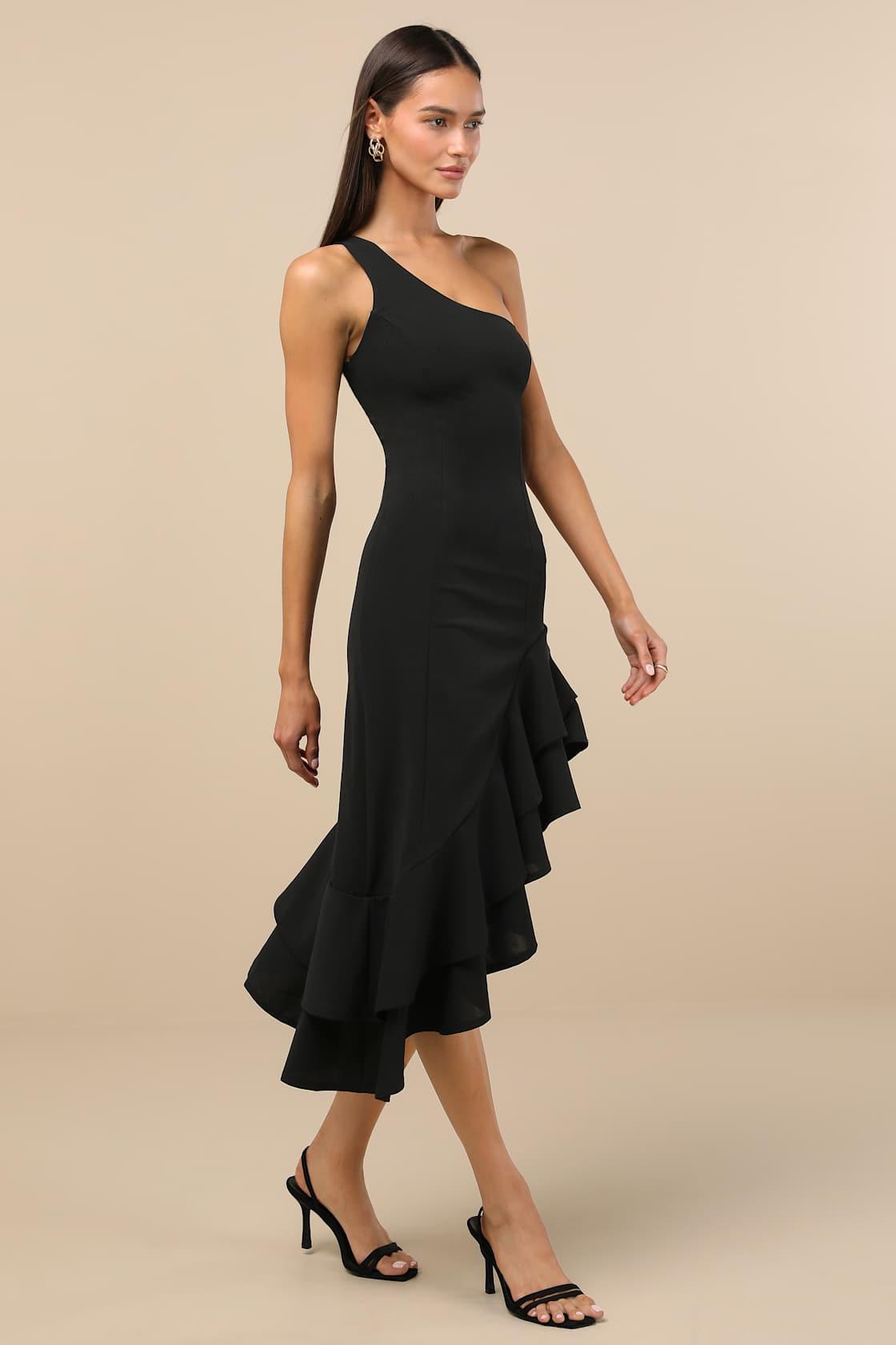 Steal a Glance Black One-Shoulder Asymmetrical Midi Dress Product Image