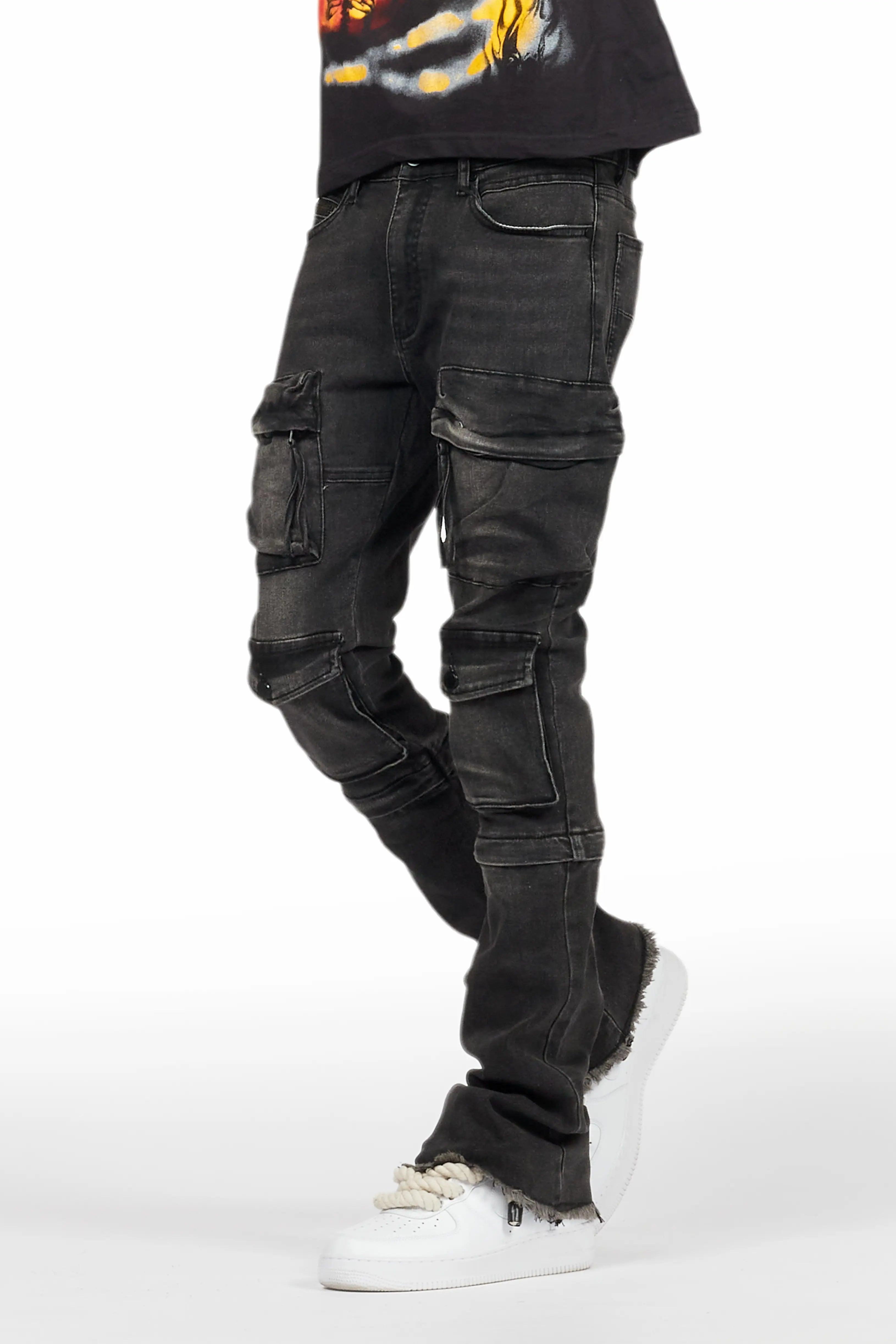 Jan Black Stacked Flare Cargo Jean Male Product Image