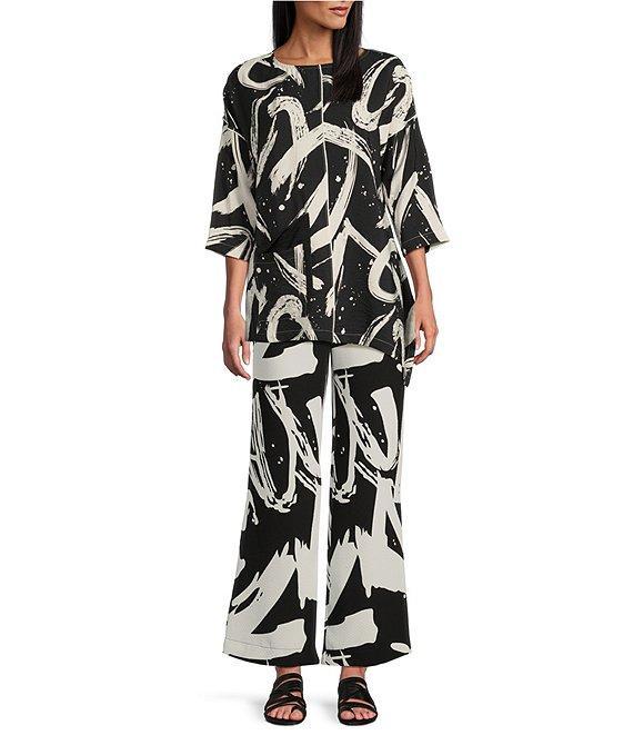 IC Collection Woven Abstract Print Boat Neck 3/4 Sleeve Asymmetrical Tunic Product Image
