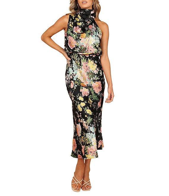 Petal & Pup Anabelle Satin Floral Print Halter Neck Sleeveless Midi Dress Product Image