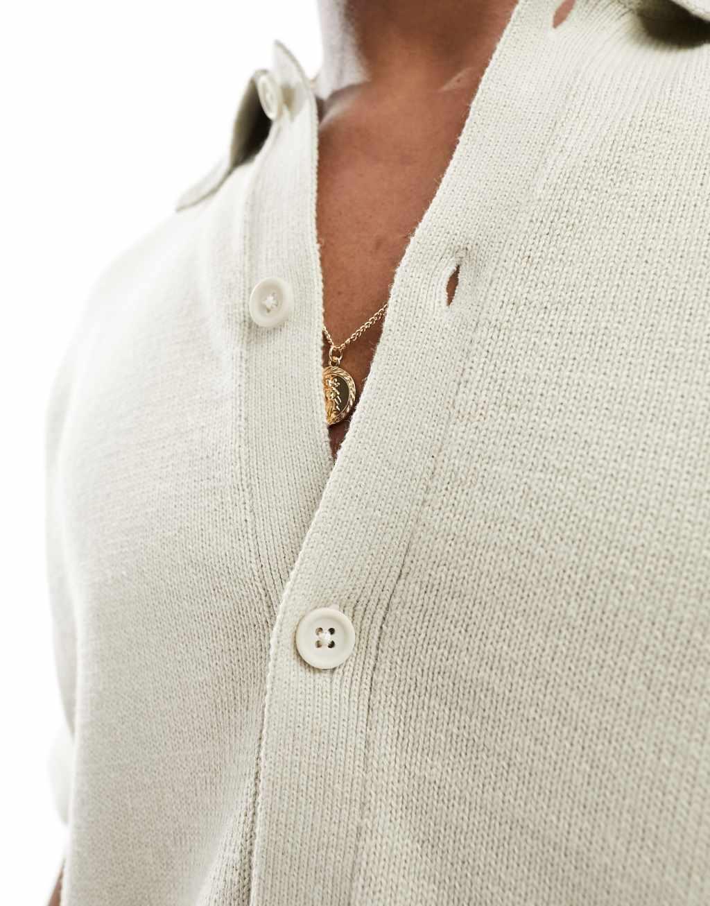 ASOS DESIGN midweight knitted cotton button through polo in stone Product Image