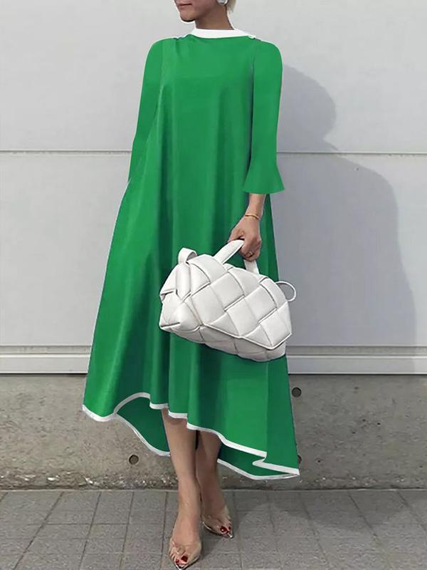 A-line Flared Sleeves Asymmetric Contrast Color Mock Neck Maxi Dresses Product Image
