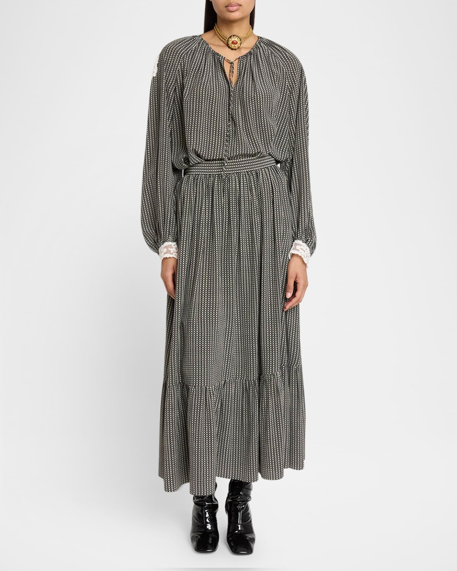 Micro Check Silk Long-Sleeve Blouse Product Image