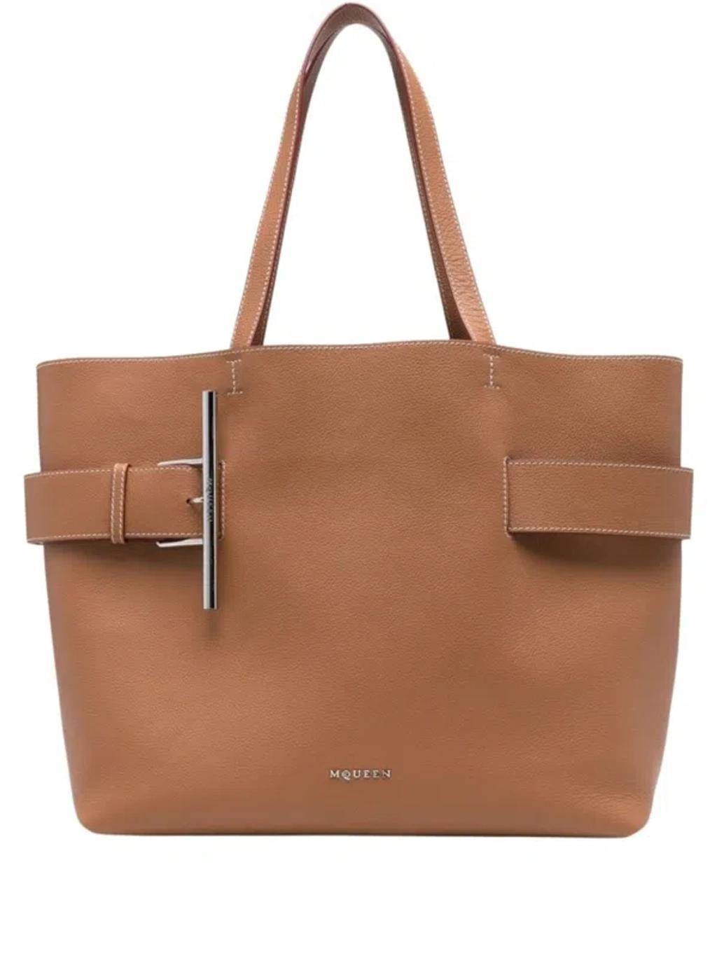 ALEXANDER MCQUEEN Beige Structured Leather Tote Bag In Brown Product Image