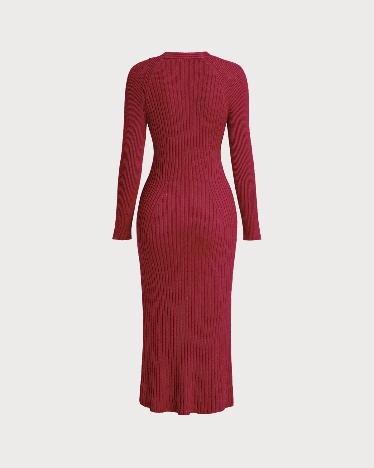 Red V Neck Bodycon Sweater Dress Product Image