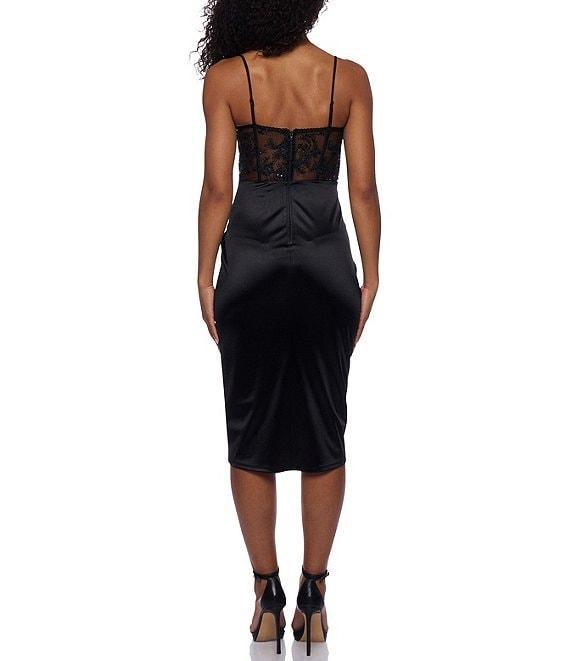 B. Darlin Sequin Embroidered Mesh Corset Bodice Faux Wrap Satin Skirted Midi Dress Product Image