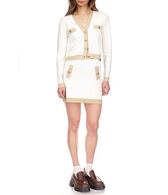 Michael Kors Metallic Trim V-Neck Long Sleeve Gold Button Cardigan Product Image