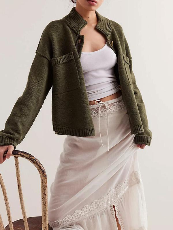 Long Sleeves Loose Buttoned Pockets Solid Color Split-Joint Stand Collar Cardigan Tops Product Image