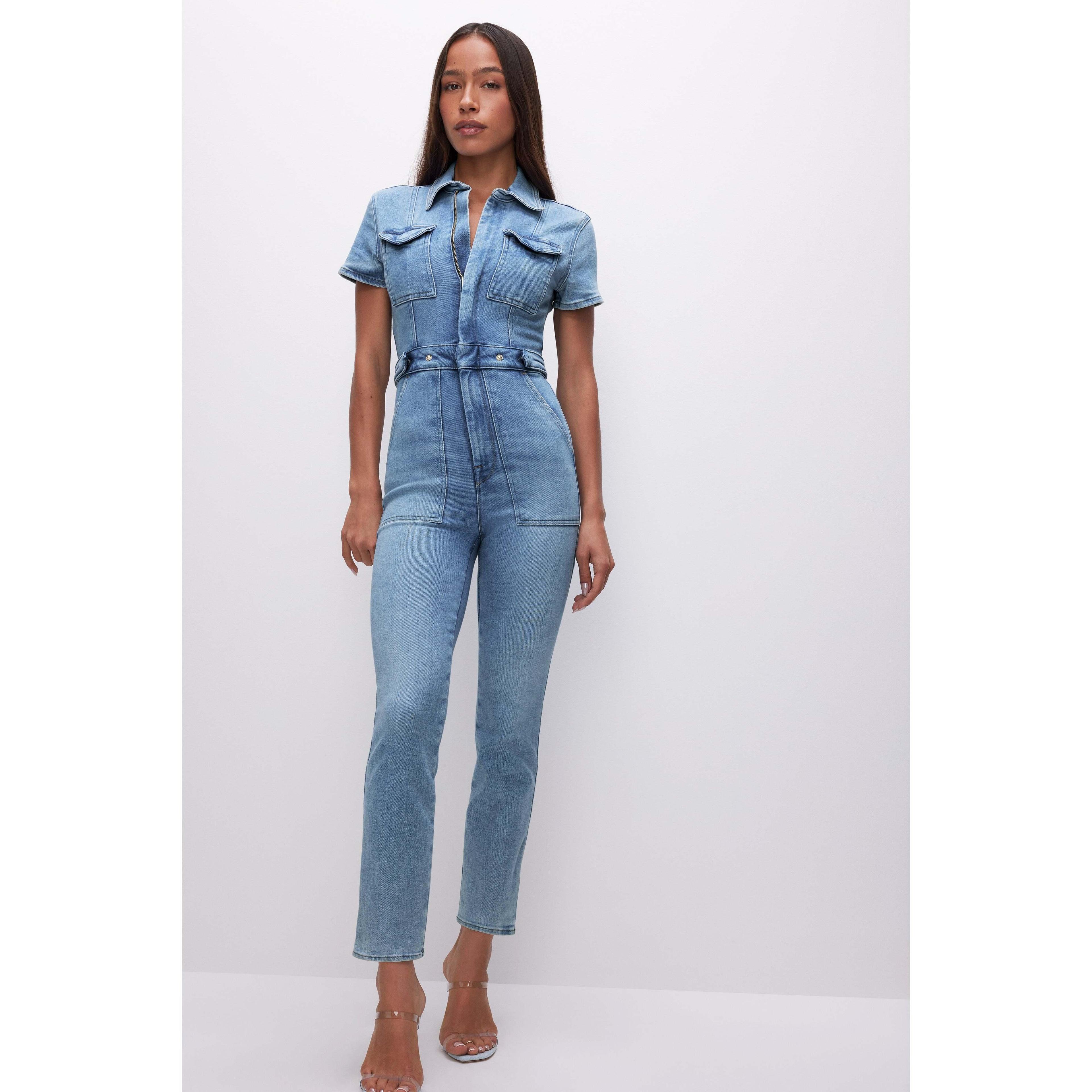 Good American Plus Size Fit For Success Short Sleeve Point Collar Straight Leg Stretch Denim Jumpsuit Product Image