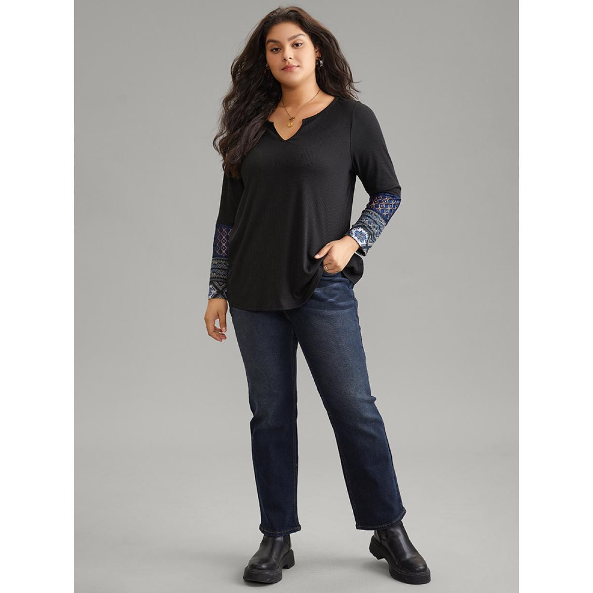 Plus Size Boho Print Texture Notched Patchwork Lace T-shirt Black Women Casual Texture Bohemian Print Notched collar Dailywear T-shirts BloomChic 10/M Product Image