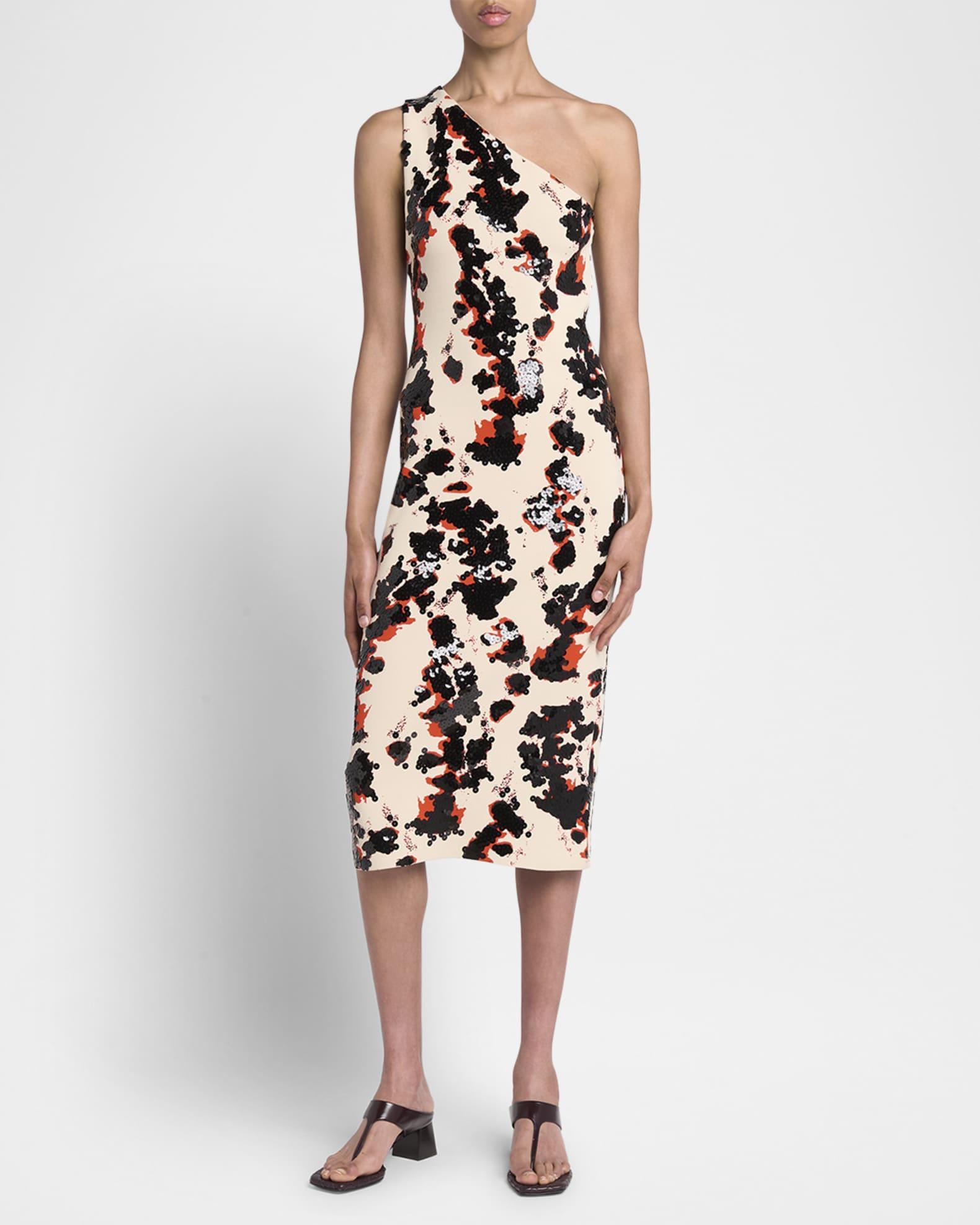 Printed One-Shoulder Sequined Compact Viscose Midi Dress Product Image