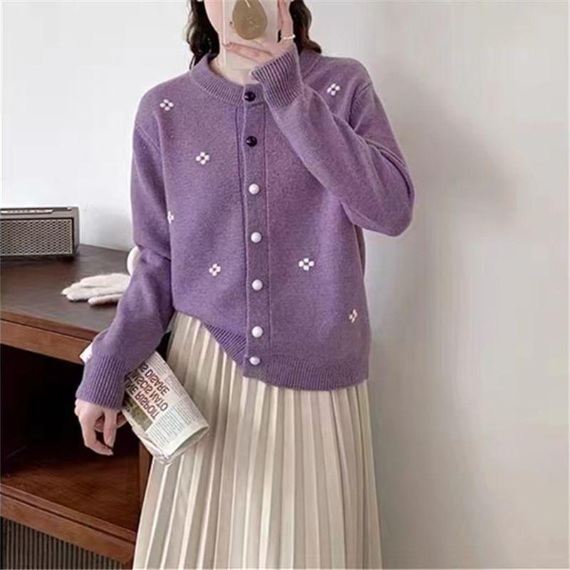 Round Neck Flower Button Cardigan Product Image