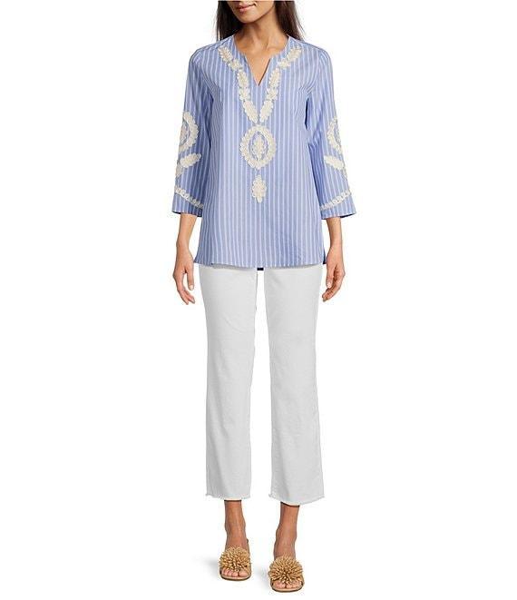 Calessa Petite Size Embroidered Patchwork Pinstripe Split V-Neck 3/4 Sleeve Tunic Product Image