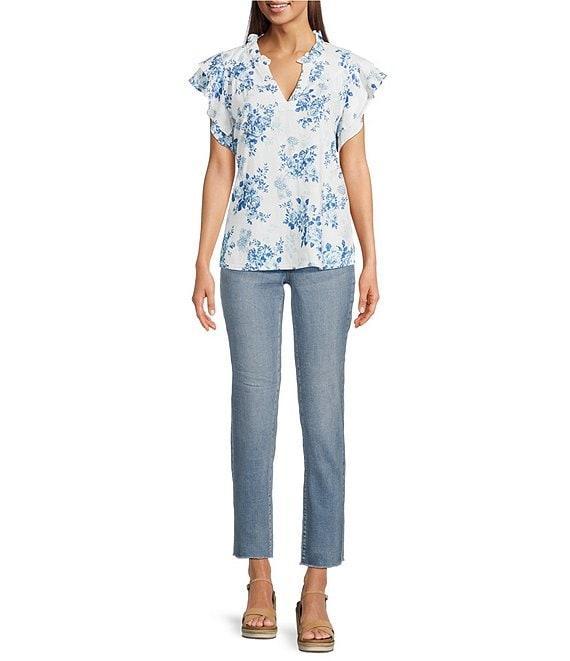 Tru Luxe Jeans Floral Linen Blend Ruffle Split V-Neck Flutter Sleeve Blouse Product Image