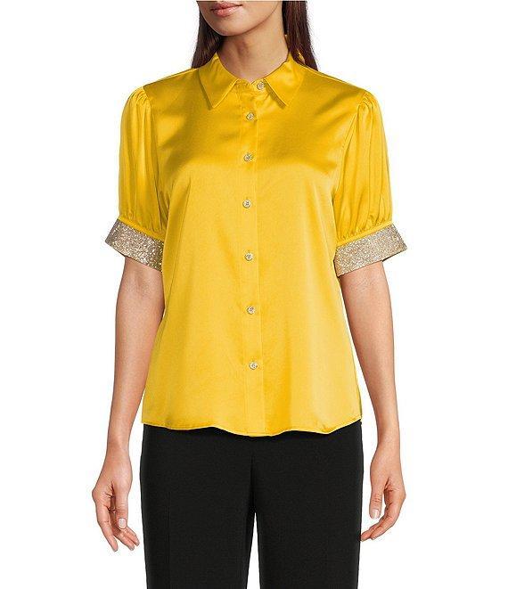 KARL LAGERFELD PARIS Tech Satin Point Collar Short Trim Sleeve Embellished Button-Front Blouse Product Image