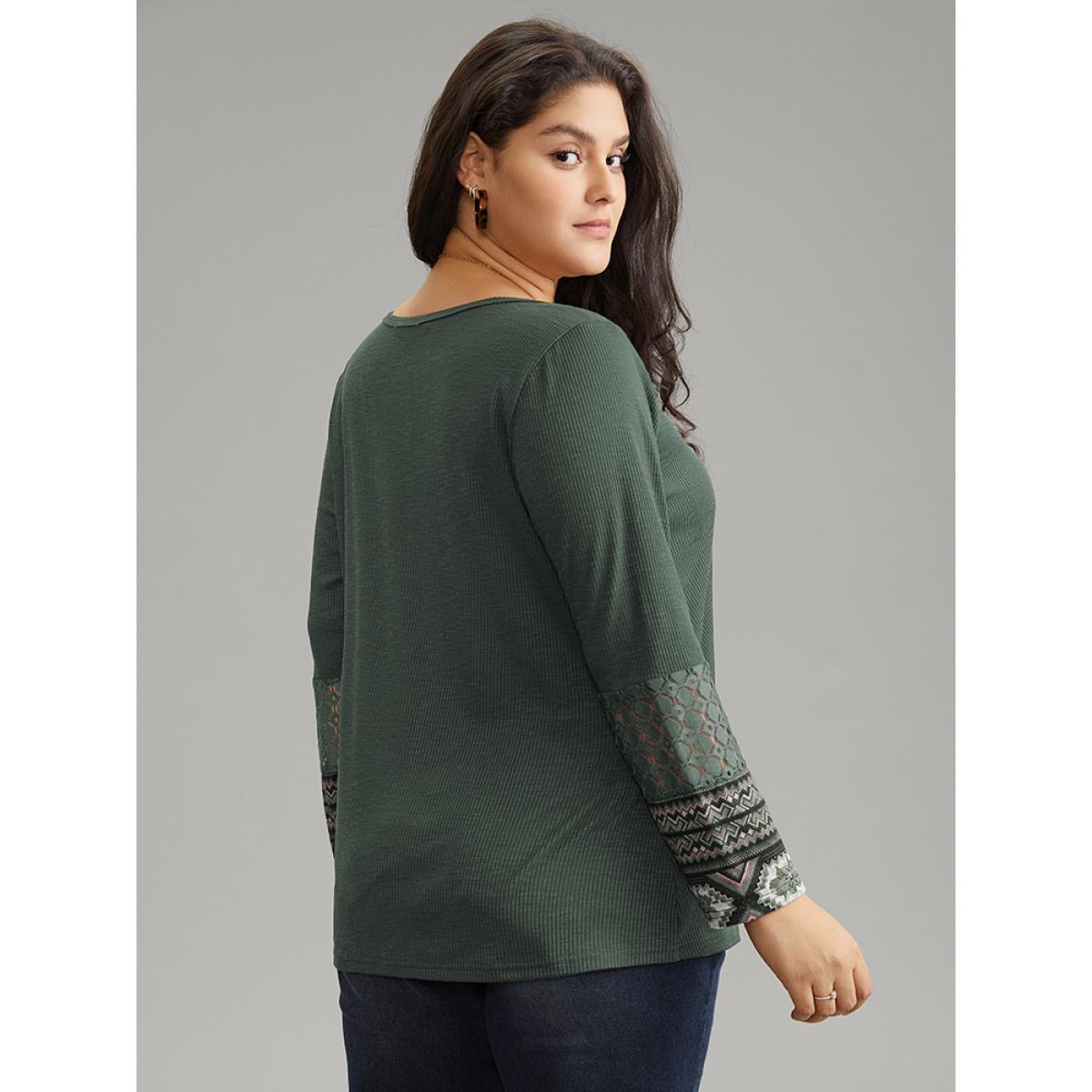 Plus Size Boho Print Texture Notched Patchwork Lace T-shirt ArmyGreen Women Casual Texture Bohemian Print Notched collar Dailywear T-shirts BloomChic 10/M Product Image
