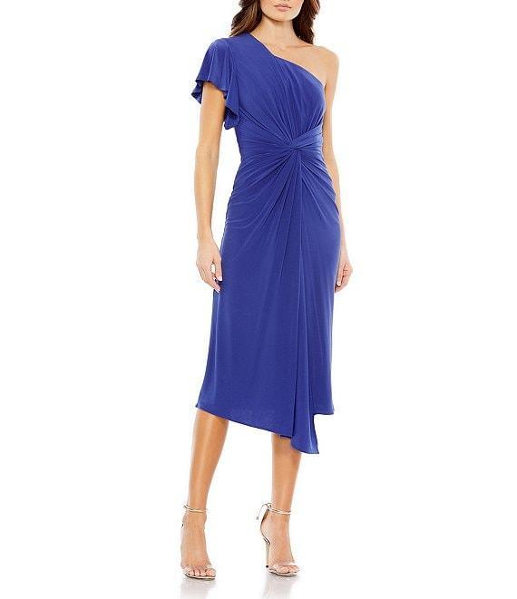 Mac Duggal Asymmetrical Hem One Shoulder Short Flutter Sleeve Ruched Twist Waist Faux Wrap Midi Dress Product Image