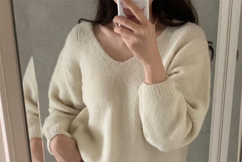 V-Neck Plain Bow Sweater Product Image